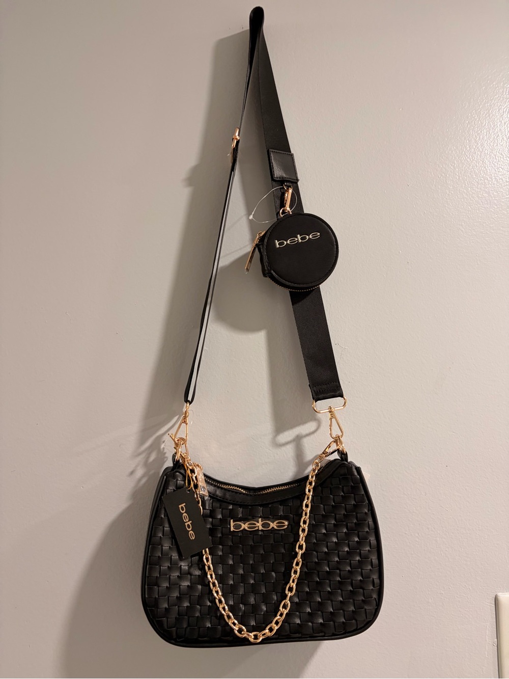 bebe Black Woven Shoulder Bag with Gold Chain Accents